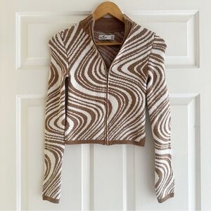 Hollister Brown and Cream Trippy Curve Print Zip Up Cardigan Sweater